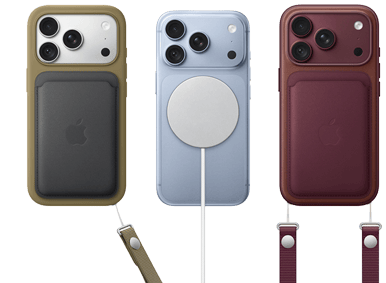 جهاز iPhone&nbsp;18&nbsp;Pro، الجهة الخارجية الخلفية، بلون عنّابي، محفظة من نسيج محبوك مع MagSafe بلون عنّابي؛ جهاز iPhone&nbsp;18&nbsp;Pro، الجهة الخارجية الخلفية، بلون جليدي، مع بطارية MagSafe؛ جهاز iPhone&nbsp;18&nbsp;Pro، الجهة الخارجية الخلفية، بلون فضي، مع حافظة من السيليكون بلون أخضر وشاحن MagSafe‏