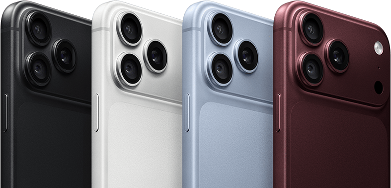 أجهزة iPhone 18 Pro في صف واحد، الجهة الخارجية الخلفية، جميع الألوان الأربعة: عنّابي، وجليدي، وفضي، وأسود، نظام كاميرا Pro Fusion في الزاوية العلوية اليسرى، 3 عدسات، ميكروفون، فلاش