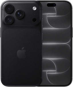 جهاز iPhone&nbsp;18&nbsp;Pro، الجهة الخارجية الخلفية، بلون أسود، نظام كاميرات Pro&nbsp;Fusion في الأعلى، شعار Apple في الوسط، الجهة الخارجية الأمامية، تصميم كله شاشة