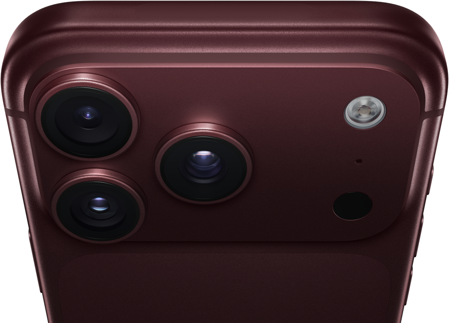 جهاز iPhone&nbsp;18&nbsp;Pro&nbsp;Max، بلون عنّابي (أحمر داكن)، الجهة الخارجية الخلفية، نظام كاميرات Pro&nbsp;Fusion في الأعلى، 3 عدسات، شفرات فتحة عدسة متغيرة مغلقة جزئياً، فلاش، ميكروفون وماسح ضوئي بتكنولوجيا لايدار، الجهة الخارجية العلوية، هوائي خلوي، جوانب مسطحة، حواف مدورة