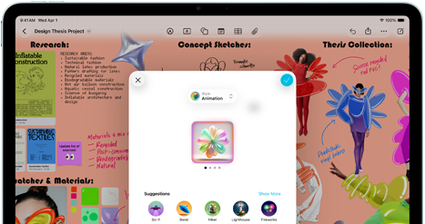 جهاز iPad&nbsp;Air، الجانب الأمامي الخارجي، الوضع الأفقي، زر رفع مستوى الصوت، زر خفض مستوى الصوت، زر التشغيل، شاشة تعرض واجهة تطبيق ملونة مع أيقونات متنوعة