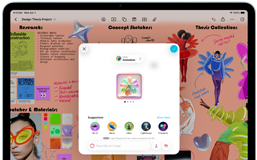 جهاز iPad&nbsp;Air، الجانب الأمامي الخارجي، الوضع الأفقي، زر رفع مستوى الصوت، زر خفض مستوى الصوت، زر التشغيل، شاشة تعرض واجهة تطبيق ملونة مع أيقونات متنوعة