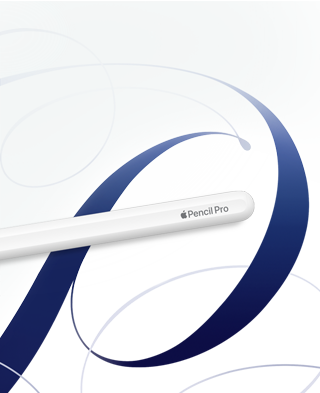 قلم&nbsp;Apple&nbsp;Pro، لون أبيض، معروض على خلفية بيضاء مع دوامات بلون أزرق