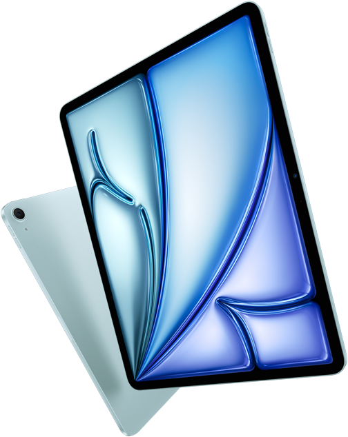 زاوية أمامية لجهاز iPad&nbsp;Air مقاس 13&nbsp;إنش، شاشة ملونة معروضة على الشاشة، جهاز iPad&nbsp;Air مقاس 11&nbsp;إنش مع الجانب الخلفي الخارجي وكاميرا خلفية واسعة 12MP‏