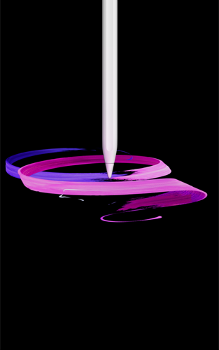 قلم Apple Pro‏، الجزء الأمامي الخارجي، الوضع الرأسي، صورة جانبية، لون أبيض، القلم يرسم تصميماً من شرائط تجريدية باللونين الأرجواني والوردي