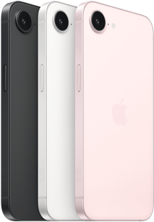 iPhone&nbsp;17e، الجهة الجانبية والجزء الخارجي الخلفي، لون أسود، الجهة الجانبية والجزء الخارجي الخلفي، لون أبيض، الجهة الجانبية والجزء الخارجي الخلفي، لون زهري ناعم، كاميرا&nbsp;Fusion في الأعلى، الزر الجانبي