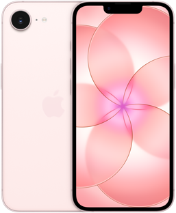 جنباً إلى جنب، جهاز iPhone&nbsp;17e، الجزء الخارجي الخلفي، لون زهري ناعم، نظام كاميرا&nbsp;Fusion في أعلى اليسار، جهاز iPhone&nbsp;17e، الجزء الخارجي الأمامي، تصميم كله شاشة