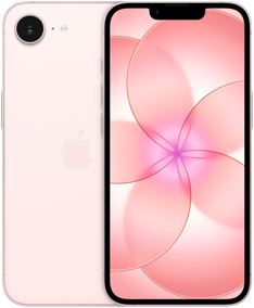  جنباً إلى جنب، جهاز iPhone&nbsp;17e، الجزء الخارجي الخلفي، لون زهري ناعم، نظام كاميرا&nbsp;Fusion في أعلى اليسار، جهاز iPhone&nbsp;17e، الجزء الخارجي الأمامي، تصميم كله شاشة