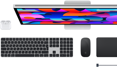 اكسسوارات Mac: سماعات AirPods، شاشة Studio Display، لوحة مفاتيح ماجيك، ماجيك ماوس، لوحة تعقب ماجيك، كابل شحن MagSafe