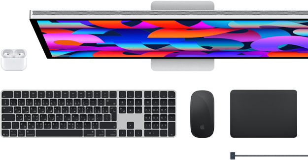 اكسسوارات Mac: سماعات AirPods، وشاشة Studio Display، ولوحة مفاتيح ماجيك، وماجيك ماوس، ولوحة تعقب ماجيك، وكابل شحن MagSafe باللون الأسود الفلكي