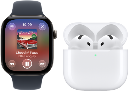 ساعة Apple&nbsp;Watch&nbsp;Series&nbsp;12، إطار ألومنيوم، لون أسود، حزام رياضي أسود، تطبيق Apple&nbsp;Music مفتوح، مقترنة بسماعات AirPods&nbsp;4‏