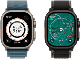 ساعتا Apple Watch Ultra 3، تعرض إحداهما الخرائط وتعرض الأخرى ميزات مسار العودة بما في ذلك البوصلة والارتفاع ونقاط الطريق المحددة