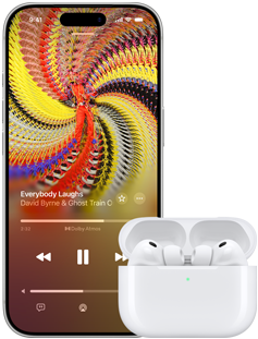 AirPods Pro 3 in MagSafe Charging Case, iPhone 17 Pro, Apple Music plays Everybody Laughs by David Byrne and Ghost Train Orchestra