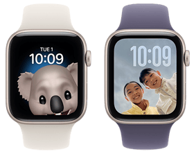 Fun and funny watch faces, Face 1: Koala Memoji, time centred at top of screen, Face 2: Photos, time in top-right corner