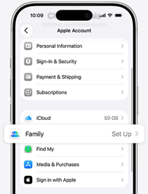 Parent's Apple account screen with Family Setup highlighted