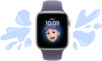 Apple Watch SE 3, aluminum case, startlight colour, Memoji watch face, illustrated water splashes off water-resistance device, purple fog Sport Band