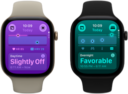 Two Apple Watch Series 12 devices: aluminum case, light gold color, Daytime Vitals Slightly Off, Digital Crown, sand Sport Band, aluminum case, black color, Overnight Vitals Favorable, Digital Crown, black Sport Band
