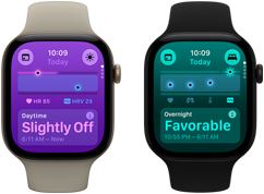 Two Apple Watch Series 12 devices: aluminum case, light gold color, Daytime Vitals Slightly Off, Digital Crown, sand Sport Band, aluminum case, black color, Overnight Vitals Favorable, Digital Crown, black Sport Band