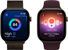 Apple Watch Series 12, aluminum case, dark bronze color, sleep score circle graph, Digital Crown, Milanese Loop band, dark bronze color