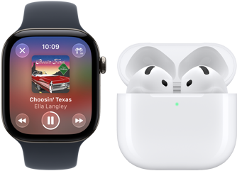 Apple Watch Series 12, aluminum case, black color, black Sport Band, Apple Music app open, paired with AirPods 4