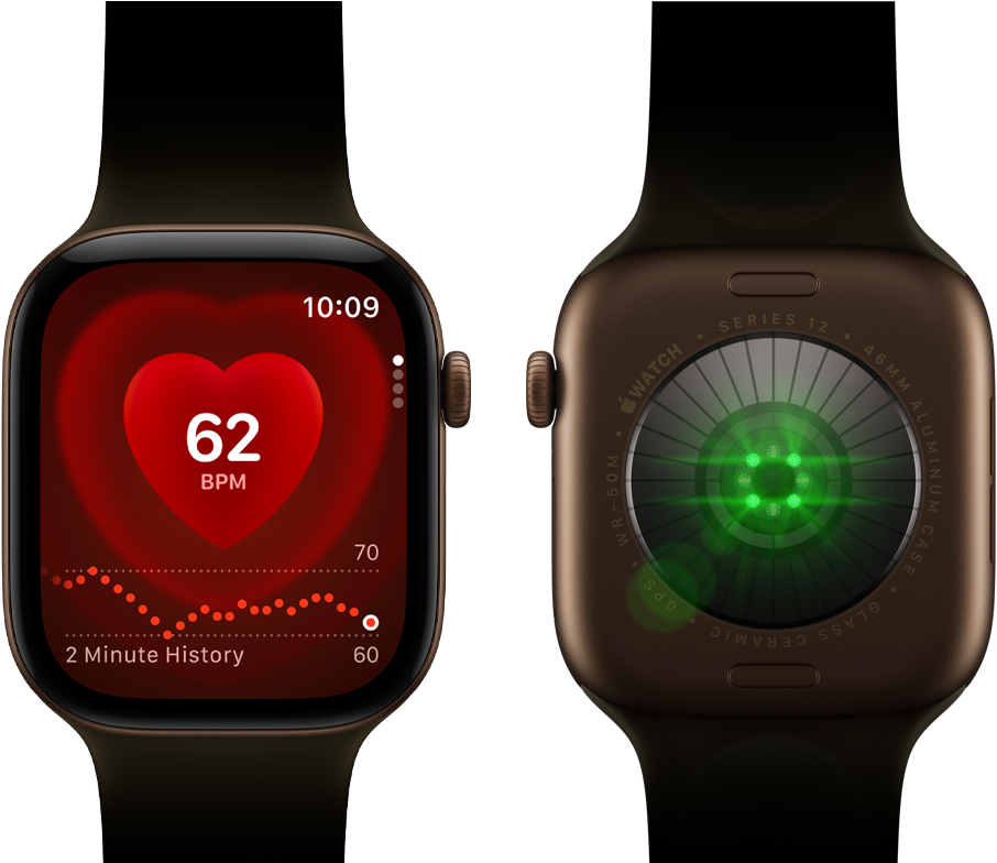 Two Apple Watch Series 12 devices, aluminum case, dark bronze color with olive Sport Band, one showing the Heart Rate app, the other with the Health Sensing System on the back of the watch, with glowing green LED lights