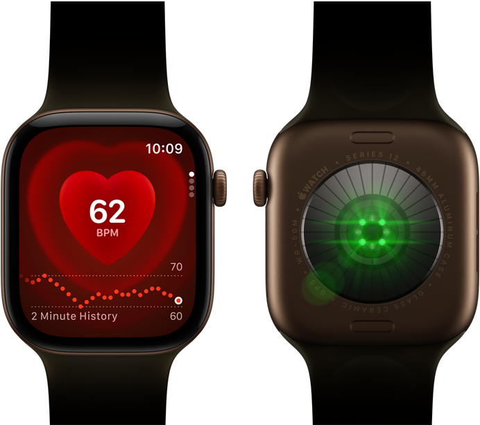 Two Apple Watch Series 12 devices, aluminum case, dark bronze color with olive Sport Band, one showing the Heart Rate app, the other with the Health Sensing System on the back of the watch, with glowing green LED lights