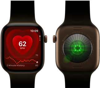 Two Apple Watch Series 12 devices, aluminum case, dark bronze color with olive Sport Band, one showing the Heart Rate app, the other with the Health Sensing System on the back of the watch, with glowing green LED lights