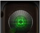 Back of Apple Watch Series 12, aluminum case, dark bronze color, multiple round sensors with glowing green LED lights, left side exterior, Digital Crown, Sport Band, olive color
