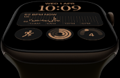 Apple Watch Series 12, aluminum case, dark bronze color, Modular watch face, complications: day and date, Workouts, Activity rings, Apple Music, right side exterior, Digital Crown, Sport Band, olive color