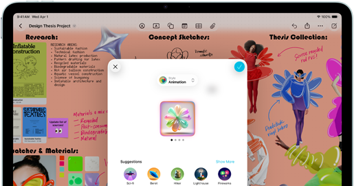 iPad Air, front exterior, landscape orientation, volume-up button, volume-down button, power button, screen displays a colorful app interface with various icons