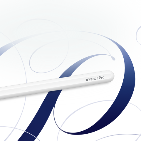 Apple Pencil Pro, white, shown on a white background with blue swirls