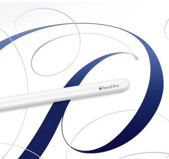 Apple Pencil Pro, white, shown on a white background with blue swirls
