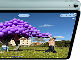 iPad Air, Blue color, top exterior, screen showing Keynote app on screen sharing feature during FaceTime video call, back exterior, 12MP Wide back camera, volume-up button, volume-down button