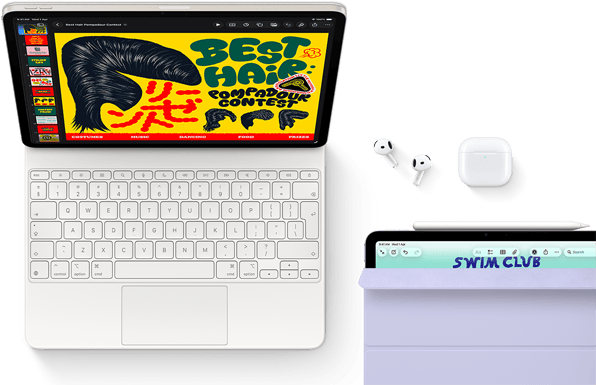 iPad Air, Starlight color, colorful graphics on screen, attached to Magic Keyboard, Airpods Pro and Apple Pencil Pro accessories