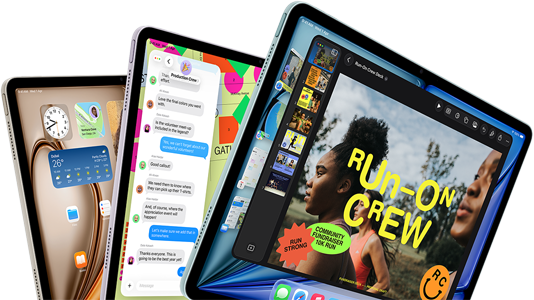 Three iPad Air displays in fan-like arrangement, colors: Blue, Purple, Starlight, front exterior, side exterior, apps on screen display include Keynote app, Messages, and Home Screen