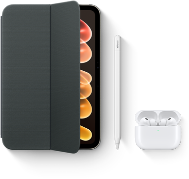 iPad mini, displayed with compatible accessories including Smart Folio for iPad mini (A20 Pro), Apple Pencil USB-C, and AirPods Pro 3