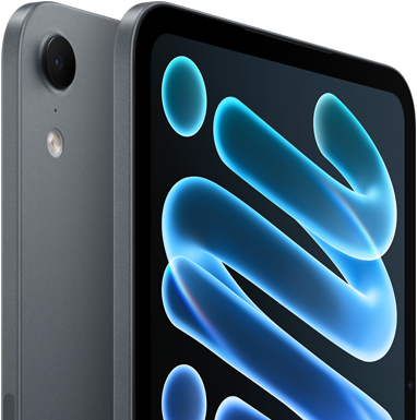iPad mini, in midnight, back view showing camera location, and front view on a diagonal, AppleCare+ service shown with text descriptions