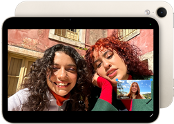 iPad mini, front view, displaying a Landscape 12MP Center Stage front camera interface, showing a person video calling amidst green foliage