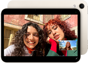 iPad mini, front view, displaying a Landscape 12MP Center Stage front camera interface, showing a person video calling amidst green foliage