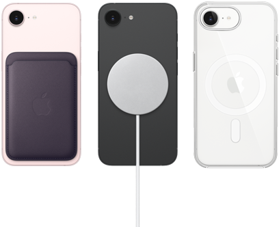 iPhone 17e in soft pink color with FineWoven Wallet in midnight purple color, iPhone 17e in black color with Silicone Case in black color and MagSafe Charger, iPhone 17e in white color with Clear Case with MagSafe