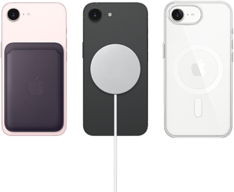 iPhone 17e in soft pink color with FineWoven Wallet in midnight purple color, iPhone 17e in black color with Silicone Case in black color and MagSafe Charger, iPhone 17e in white color with Clear Case with MagSafe