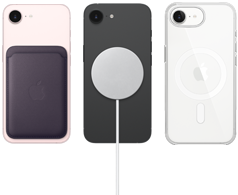 iPhone 17e in soft pink color with FineWoven Wallet in midnight purple color, iPhone 17e in black color with Silicone Case in black color and MagSafe Charger, iPhone 17e in white color with Clear Case with MagSafe