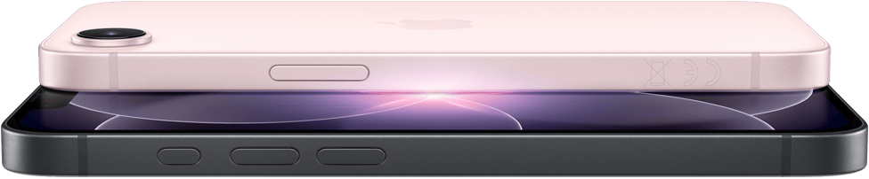 iPhone 17e, horizontal side and back exterior, soft pink color, iPhone 17e, horizontal side and front exterior, black color