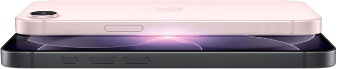 iPhone 17e, horizontal side and back exterior, soft pink color, iPhone 17e, horizontal side and front exterior, black color