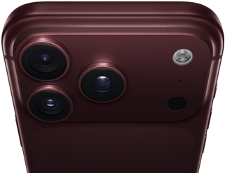 iPhone 18 Pro Max, burgundy color (dark red), back exterior, Pro Fusion camera system at top, 3 lenses, variable aperture blades partially closed, flash, microphone and LiDAR Scanner, top exterior, cellular antenna, flat sides, rounded edges