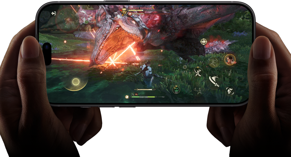 iPhone 18 Pro, front exterior, demonstrating the performance capabilities of the A20 Pro chip with a scene from the Monster Hunter Outlanders