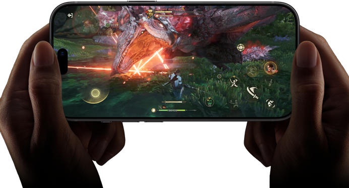 iPhone 18 Pro, front exterior, demonstrating the performance capabilities of the A20 Pro chip with a scene from the Monster Hunter Outlanders