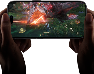 iPhone 18 Pro, front exterior, demonstrating the performance capabilities of the A20 Pro chip with a scene from the Monster Hunter Outlanders