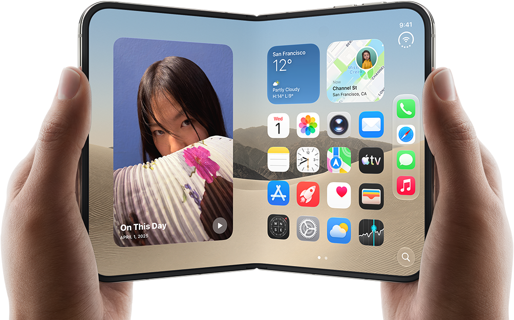 iPhone Duo, Star White color, held by two hands in landscape orientation, unfolded, interior screen displays photos on the left, apps on the right