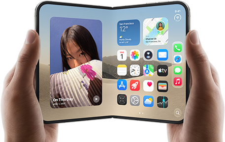 iPhone Duo, Star White color, held by two hands in landscape orientation, unfolded, interior screen displays photos on the left, apps on the right